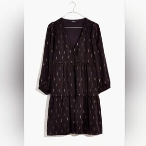 Madewell NWT Women’s Metallic Jacquard Faux-Wrap Tiered Mini Dress True Black XS